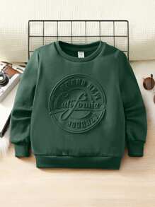 SHEIN 男孩純色長袖休閒衛衣,印有文字圖案
