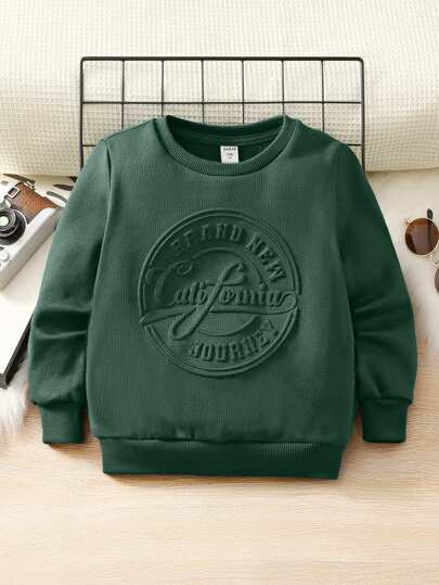 SHEIN 男孩純色長袖休閒衛衣,印有文字圖案