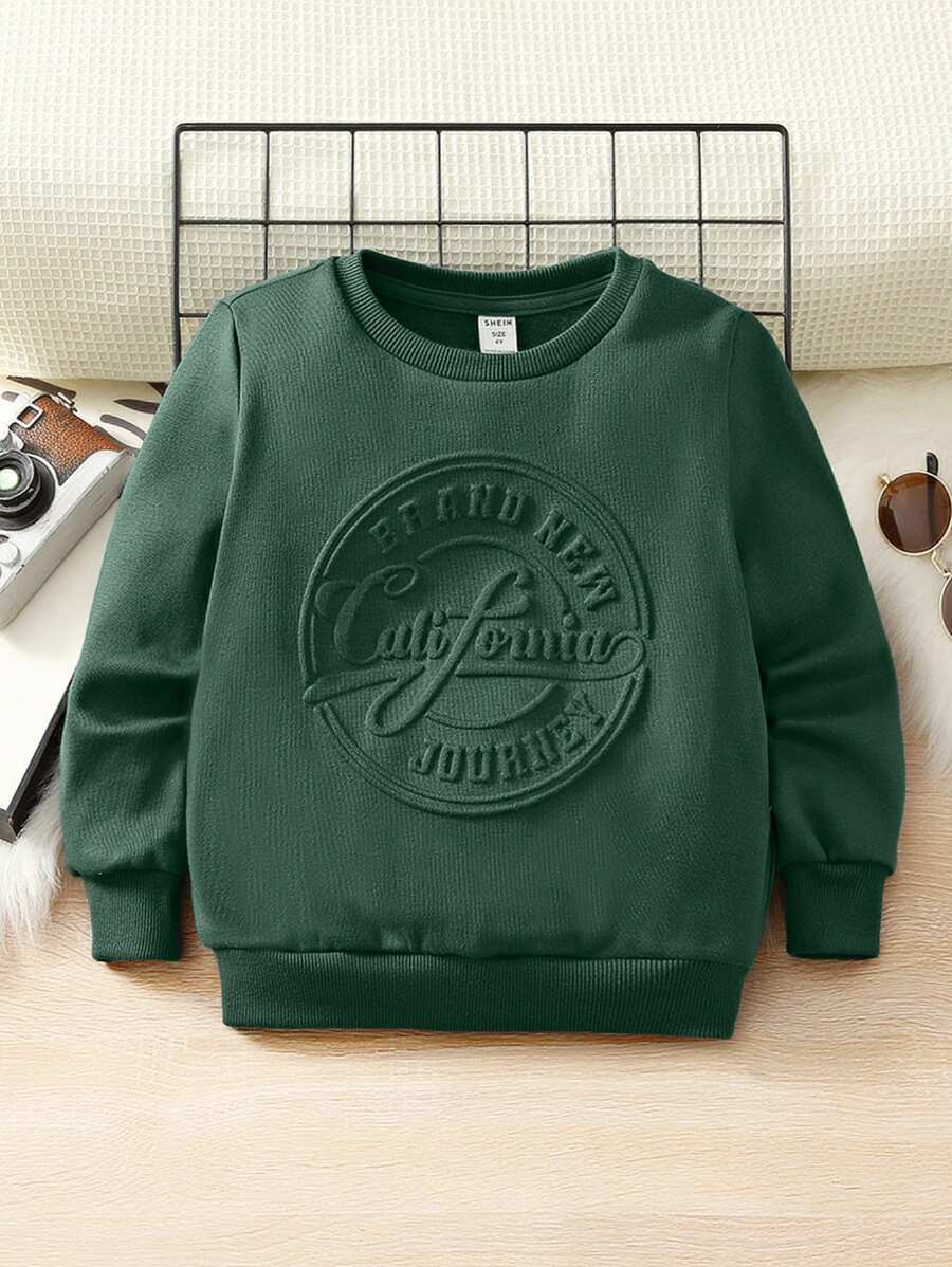 SHEIN 男孩純色長袖休閒衛衣,印有文字圖案