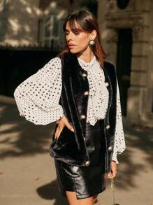 SHEIN Frenchy Button Front Fuzzy Vest Coat Winter Black Casual - Black - View 1