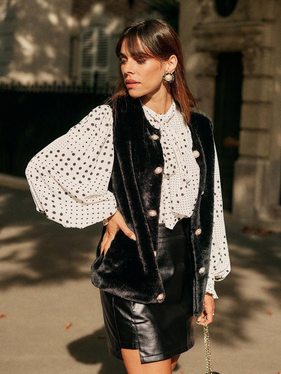 SHEIN Frenchy Button Front Fuzzy Vest Coat Winter Black Casual - Black - View 1