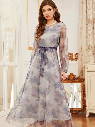 Floral Print Belted Mesh Dress