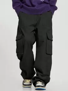 Chillumni Men's Casual Solid Color Cargo Pants With Flap Pockets And Side Pockets, For Fall - Black - View 5