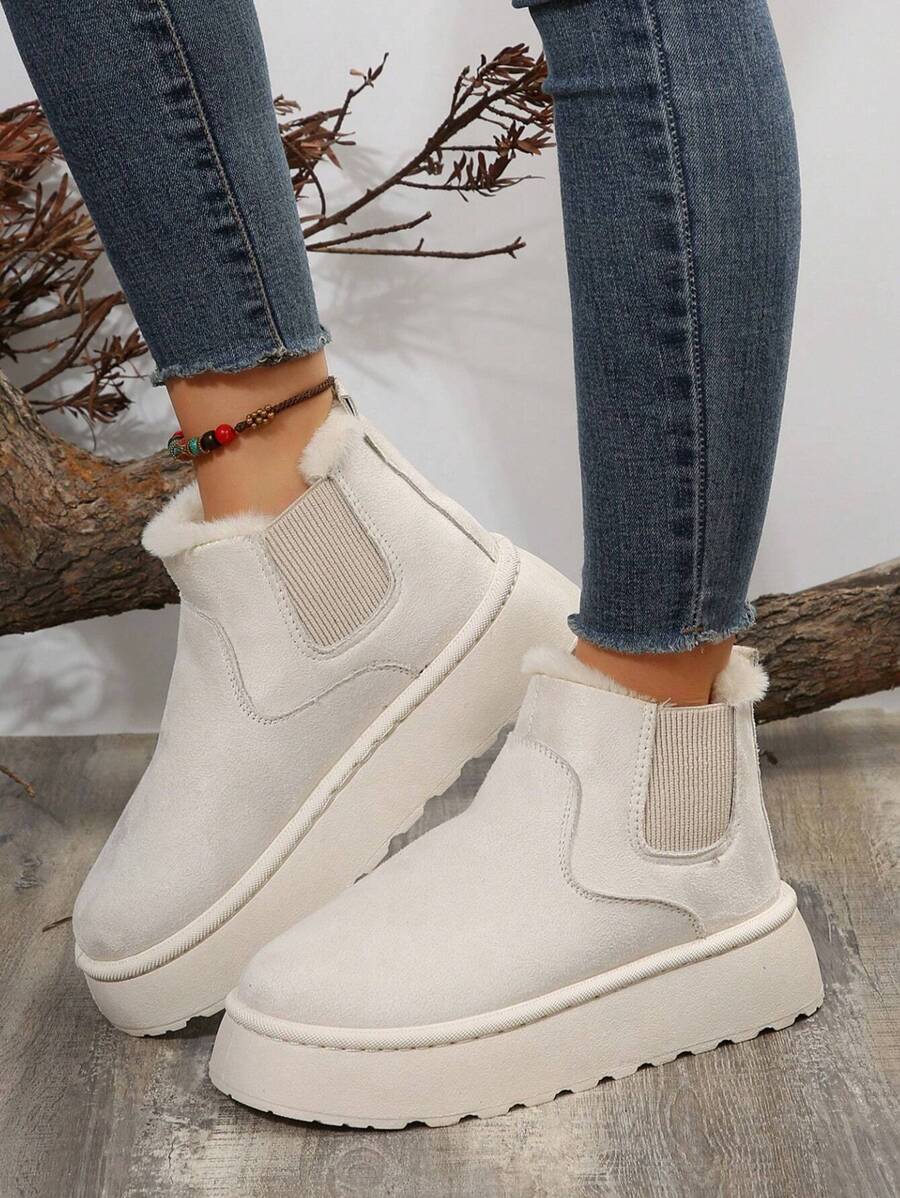 Fall/Winter Women's Solid Color Fringed Thermal Lined Thick Sole Snow Boots, Indoor House Slippers,Fur Boots - Beige - View 1