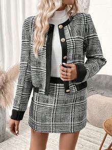 SHEIN Frenchy 千鳥格印花拼接邊夾克&半身裙 - 彩色 - 查看 3