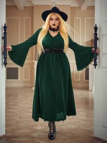 PUNK 大碼蕾絲邊荷葉袖洋裝不附帶緊身胸衣 - 墨綠色 - 查看 3