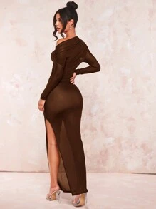 SHEIN BAE Asymmetrical Neck Bodycon Dress,Valentine's Day,Valentine Outfits For Women - Coffee Brown - View 2