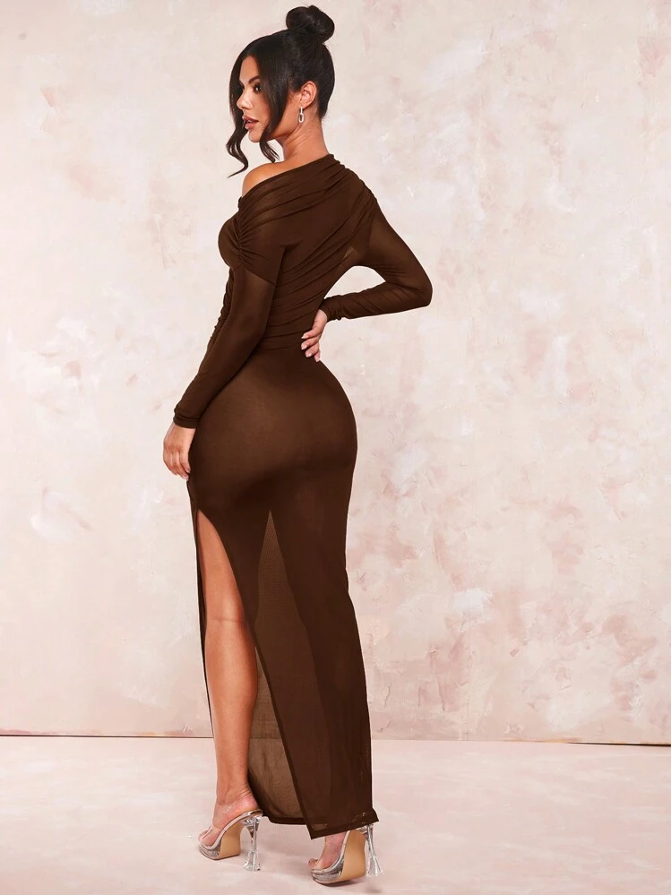 SHEIN BAE Gola Assimétrica Vestido Bodycon - Café - Visão 2