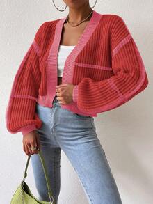 SHEIN Unity 女士休闲日常通勤撞色落肩宽松短款开衫，秋冬 - 彩色 - 查看 3