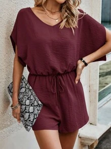 SHEIN LUNE Mono unicolor de manga murciélago con nudo delantero - Burdeos - Ver 6