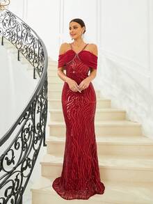 Missord Cold Shoulder Sequin Formal Dress - Burgundy - View 5