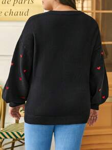 SHEIN Frenchy Plus Heart Embroidery Lantern Sleeve Sweater - Black - View 2