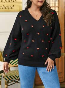 SHEIN Frenchy Plus Heart Embroidery Lantern Sleeve Sweater - Black - View 3