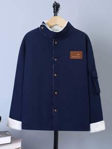 SHEIN 男大童字母補丁細節毛絨內襯外套 - 軍綠色 - 查看 8