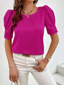 SHEIN Privé Blusa unicolor de manga farol - Rojo violeta - Ver 1