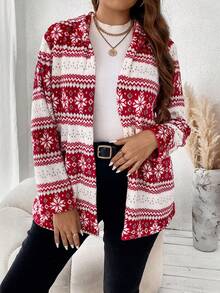 SHEIN Franclia Plus Geo Print Open Front Hooded Coat - Red - View 5