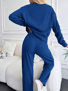 EURMUSE Women's Solid Color Drop Shoulder Long Sleeve Top And Pants Casual 2-Piece Set - Royal Blue - View 2