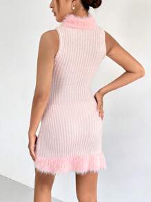 SHEIN Privé 毛茸邊小高領無袖毛衣洋裝 - 粉色 - 查看 2