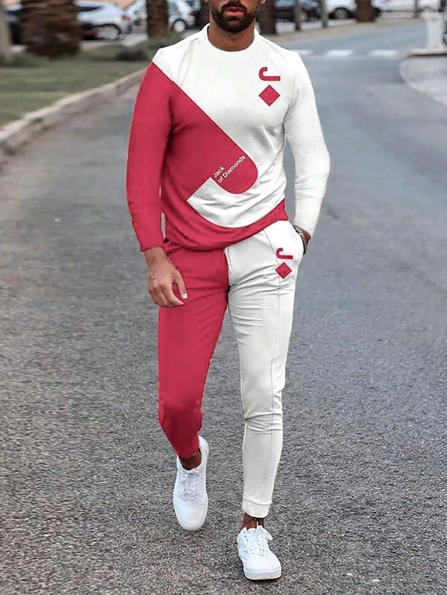 Manfinity LEGND 男士撲克牌圖案雙色衛衣和衛褲 - 紅白色 - 查看 1