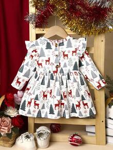 Baby Girl Christmas Print Ruffle Trim Dress - White - View 2