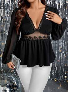 SHEIN Clasi 大碼蕾絲拼接燈籠袖荷葉邊下擺襯衫 - 黑色 - 查看 1