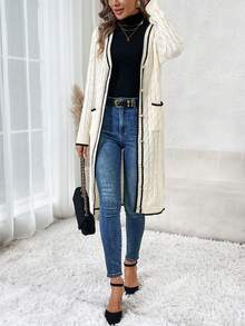 SHEIN Clasi Contrast Trim Dual Pocket Striped Trim Cable Knit Drop Shoulder Cardigan - White - View 4