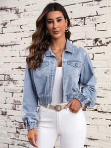 SHEIN LUNE Flap Detail Beaded Drop Shoulder Denim Jacket - Medium Wash - View 6