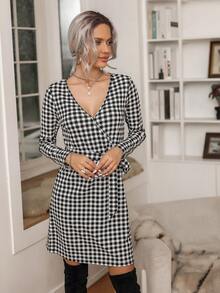 Fashionable Women's Black & White Checkered Belted Dress - Black and White - View 6