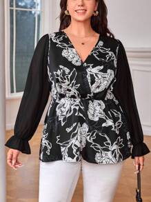 SHEIN Clasi 大碼印花喇叭袖荷葉邊下擺襯衫 - 黑與白 - 查看 5