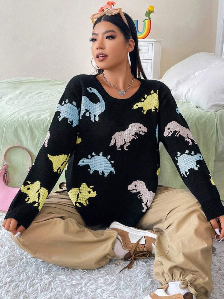 SHEIN Qutie Plus Dinosaur Pattern Sweater | SHEIN USA