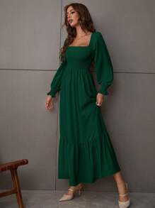 LUMIGAL Square Neck Shirred Ruffle Hem Dress Maxi Vacation Beach Outfits Women Fall Cloth For Women - Dark Green - View 6