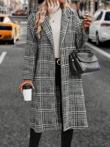 SHEIN LUNE Plaid Lapel Collar Open Front Overcoat - Grey - View 1