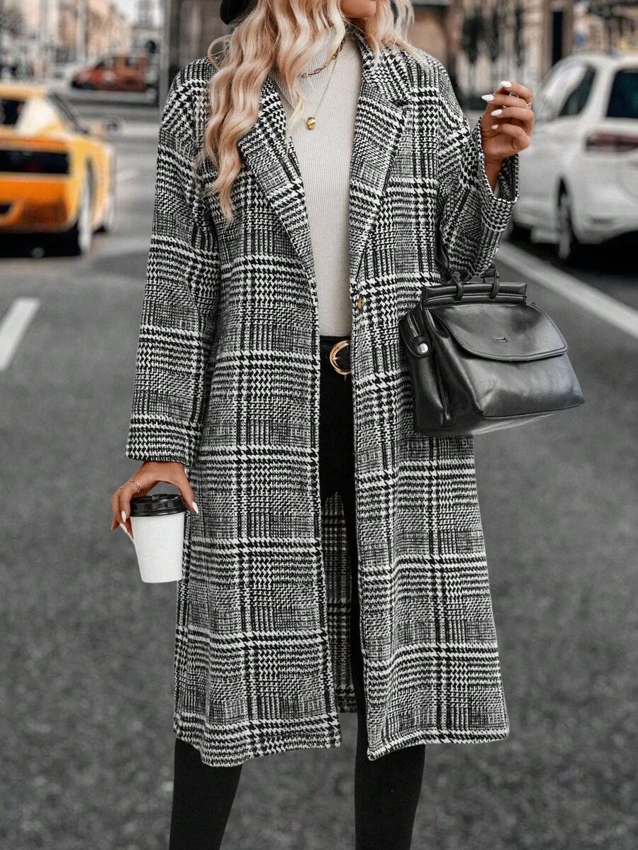 SHEIN LUNE Plaid Lapel Collar Open Front Overcoat - Grey - View 1