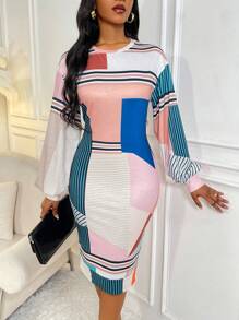 SHEIN Lady 條紋和幾何圖案撞色落肩袖緊身洋裝 - 彩色 - 查看 1