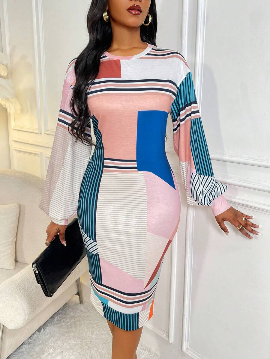SHEIN Lady 條紋和幾何圖案撞色落肩袖緊身洋裝 - 彩色 - 查看 1