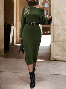 Chiquease Cổ không đối xứng Thả vai Đầm Áo len Không có thắt lưng - Màu xanh lá cây đậm - Xem 1