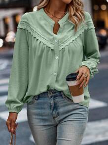 SHEIN LUNE Guipure Lace Insert Lantern Sleeve Blouse - Green - View 5
