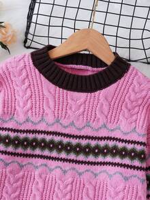 SHEIN Tween Girl Geo Pattern Contrast Trim Cable Knit Sweater - Multicolor - View 8
