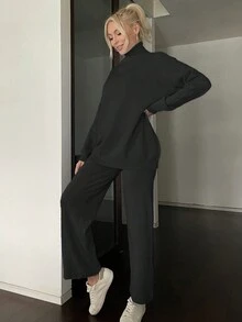 休閒開衩純色女士毛衣兩件套 - 黑色 - 查看 5