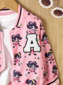 1pc Baby Girl Figure Graphic & Letter Patched Zip Up Striped Trim Varsity Jacket - Pink - View 5