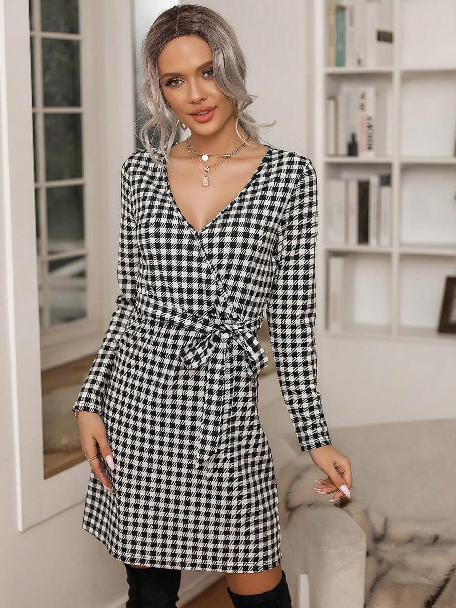 Fashionable Women's Black & White Checkered Belted Dress - Black and White - View 1