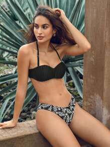 SHEIN Swim Summer Floral Print Halter Bikini Set - Black and White - View 1