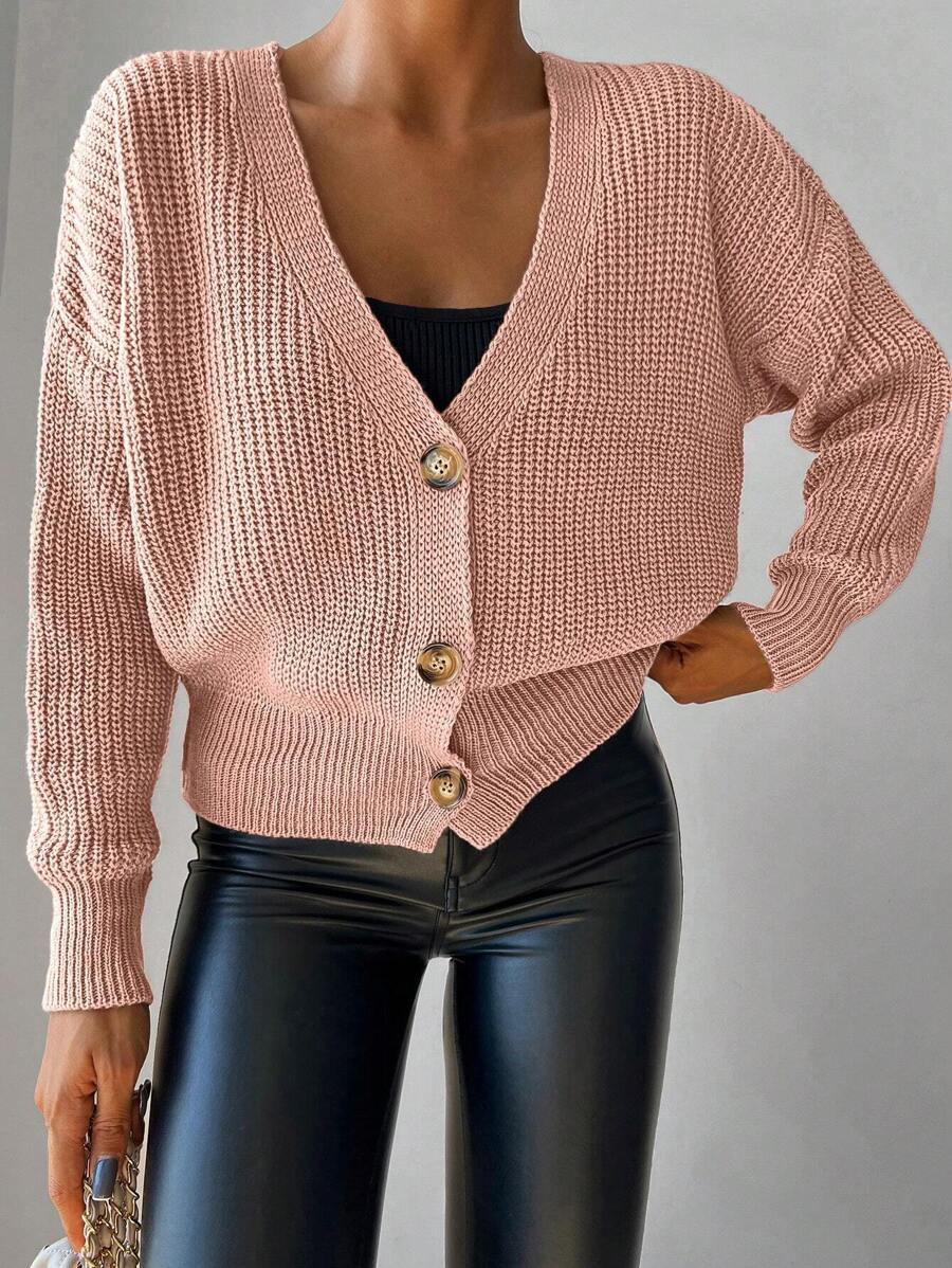 Drop Shoulder Button Front Ribbed Knit Cardigan - Pink - View 1