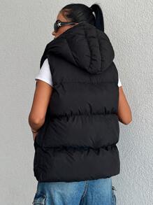 EURMUSE Abrigo chaleco acolchado con cremallera con cordón con capucha - Negro - Ver 2