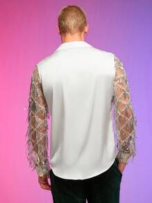 FeverCity Men Contrast Sequin Mesh Insert Button Up See Through Party Sexy Shirt, Boyfriend Gift - White - View 2