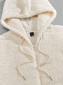 GENTILAND Men Kangaroo Pocket Drawstring Hooded Teddy Jacket - Beige - View 3