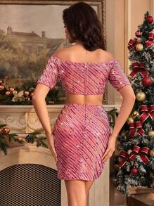 Zolique Off Shoulder Kim sa Top Cây trồng & Váy bodycon - Màu Hồng Tươi - Xem 2