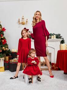 SHEIN Baby Girl Bow Front Lantern Sleeve Dress for Christmas "Mommy&Me"(3 pieces are sold separately)