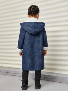 SHEIN 男小童翻蓋口袋毛絨內襯牛仔效果印花連帽外套 - 藍色 - 查看 5