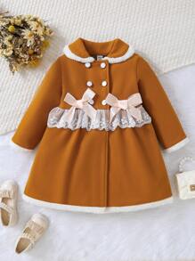 Baby Girl Contrast Lace Ruffle Trim Double Breasted Bow Front Peter Pan Collar Double Button Overcoat - Camel - View 1